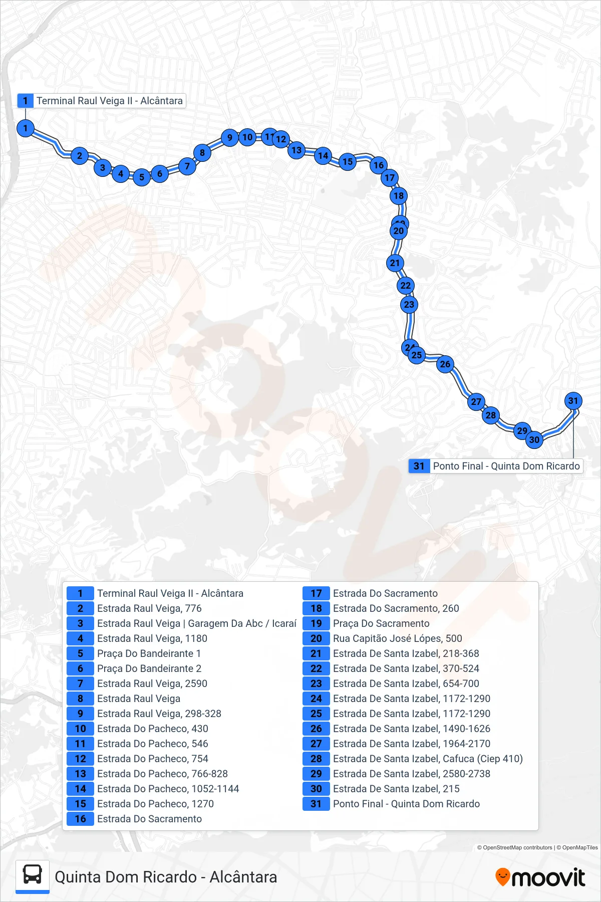 Rota e paradas da linha de ônibus 49A (Quinta Dom Ricardo) no mapa