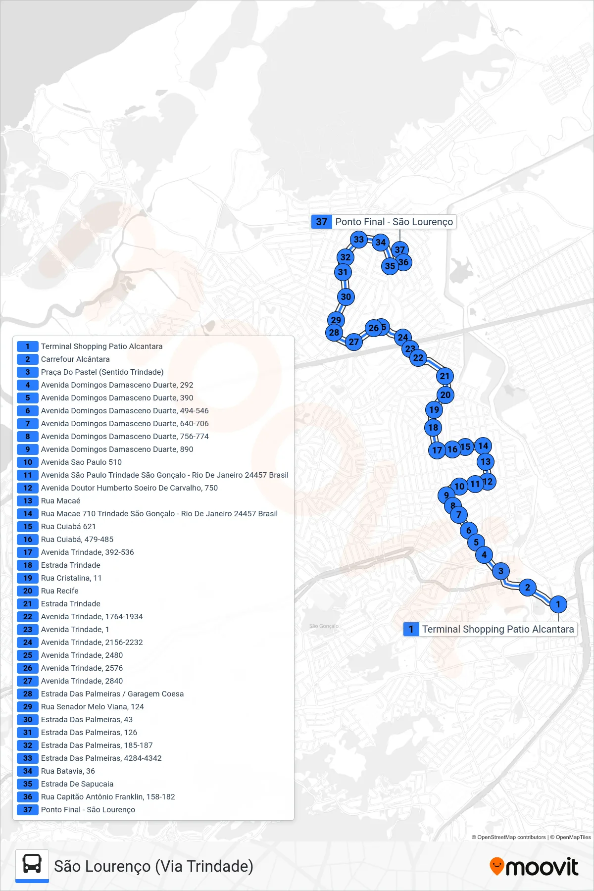 Rota e paradas da linha de ônibus 55A (São Lourenço (Via Trindade)) no mapa