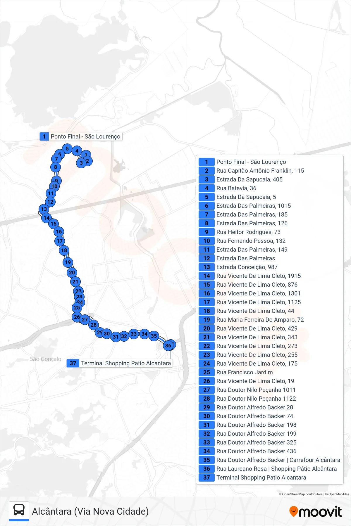 Rota e paradas da linha de ônibus 55A (Alcântara (Via Nova Cidade)) no mapa