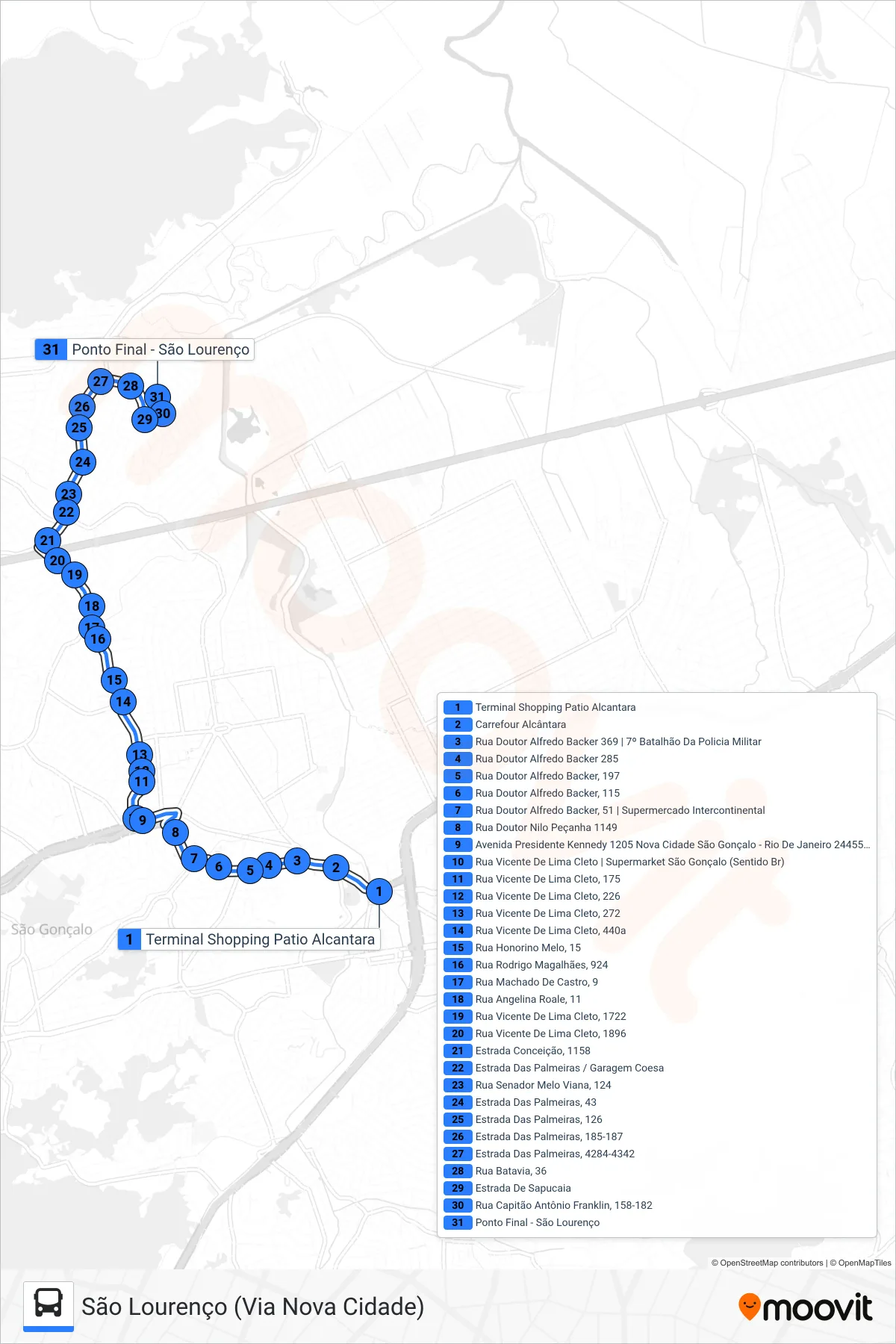 Rota e paradas da linha de ônibus  55A  (São Lourenço (Via Nova Cidade)) no mapa