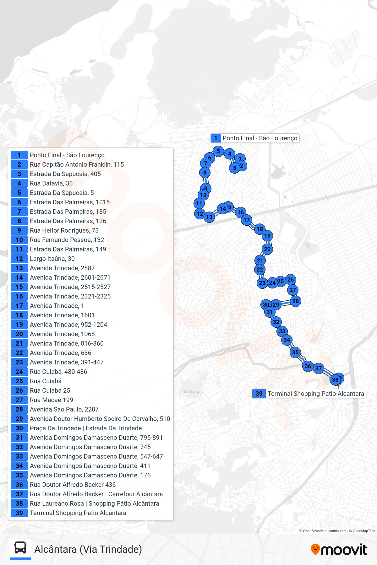 Rota e paradas da linha de ônibus 55A (Alcântara (Via Trindade)) no mapa