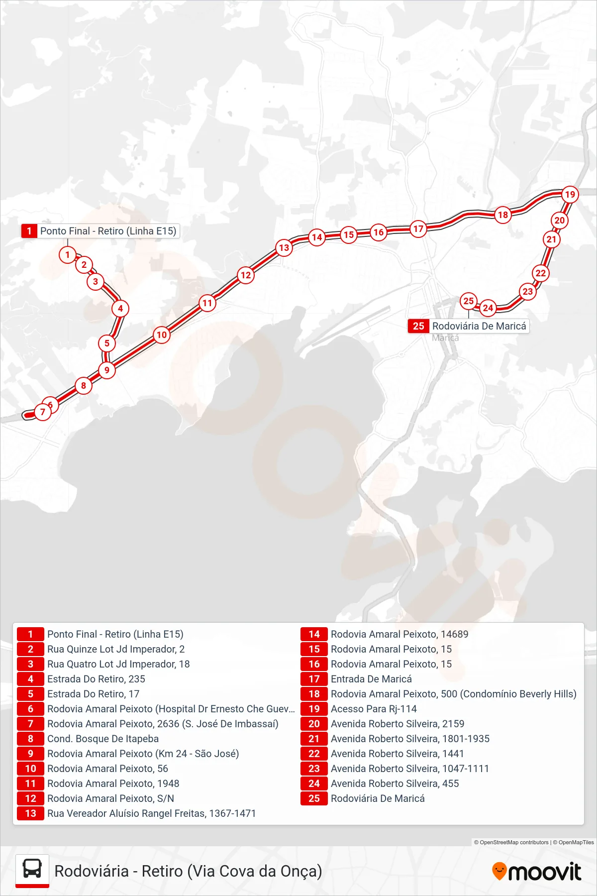 Rota e paradas da linha de ônibus E15 (Rodoviária) no mapa