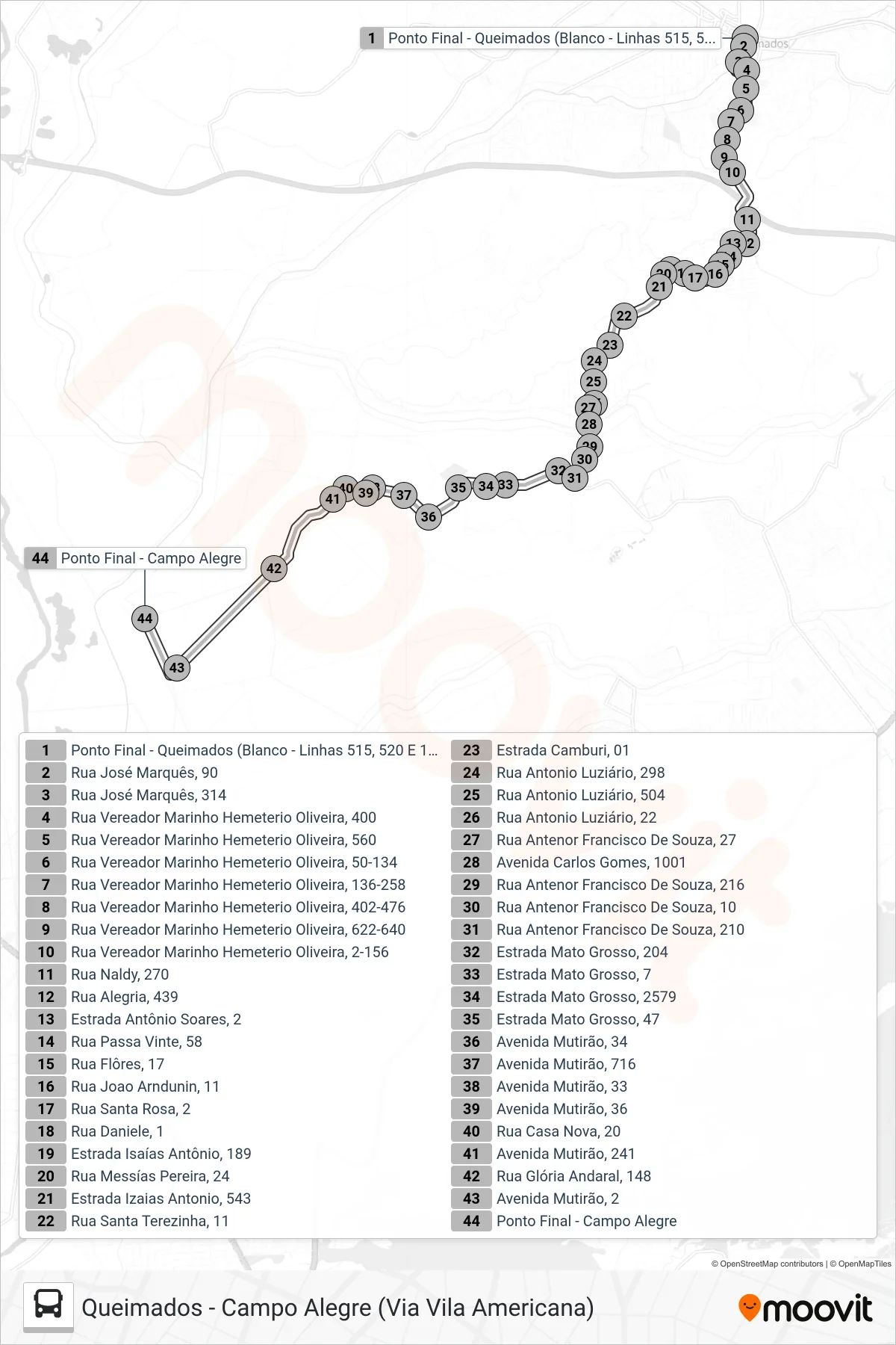 Rota e paradas da linha de ônibus 515 (Campo Alegre) no mapa