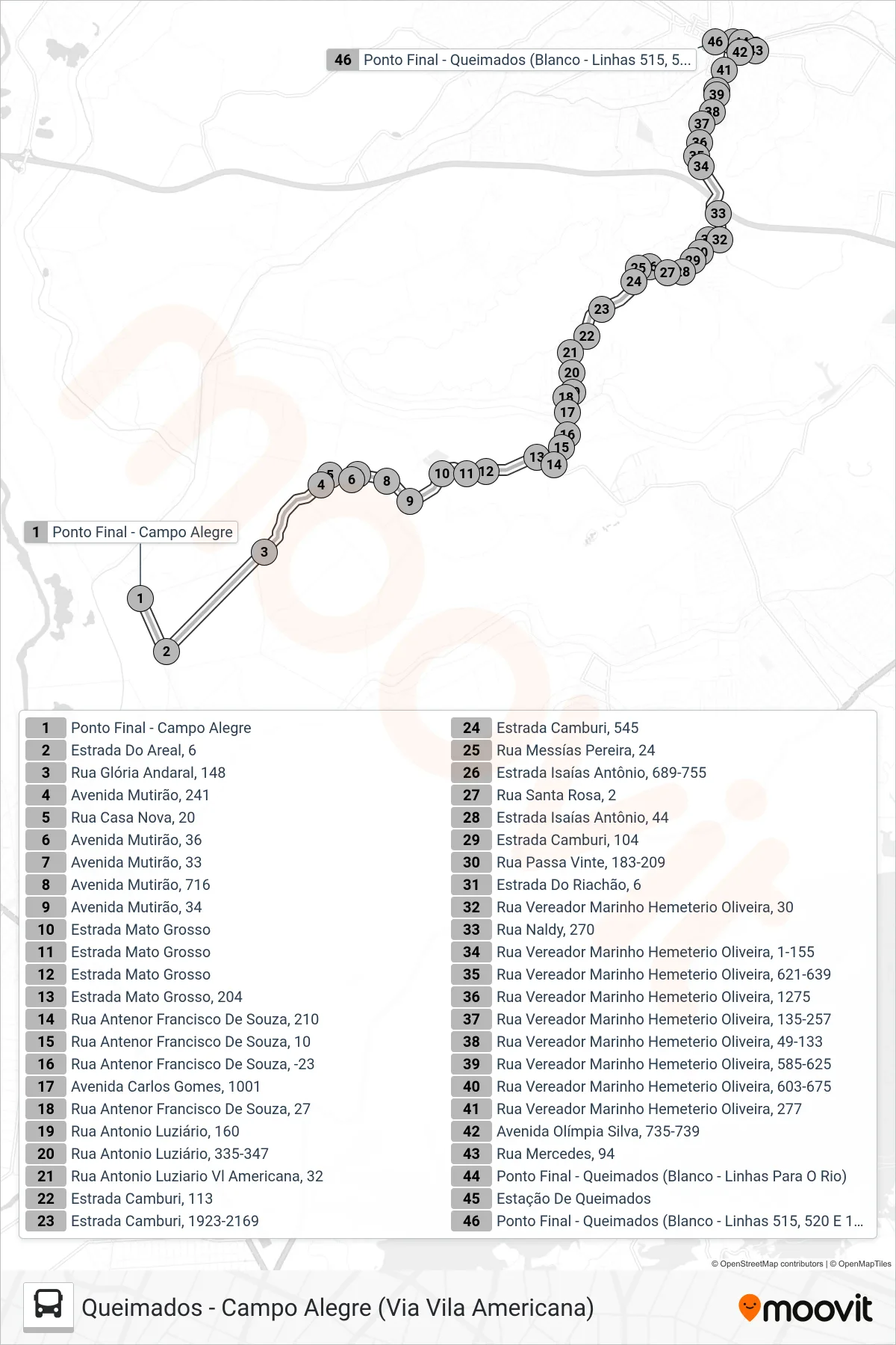 Rota e paradas da linha de ônibus 515 (Queimados) no mapa