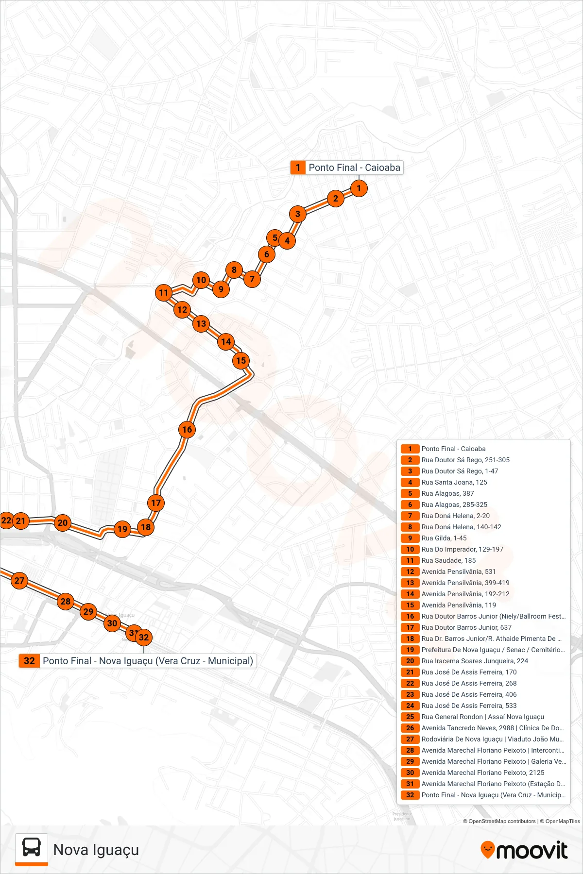 Rota e paradas da linha de ônibus  721  (Nova Iguaçu) no mapa