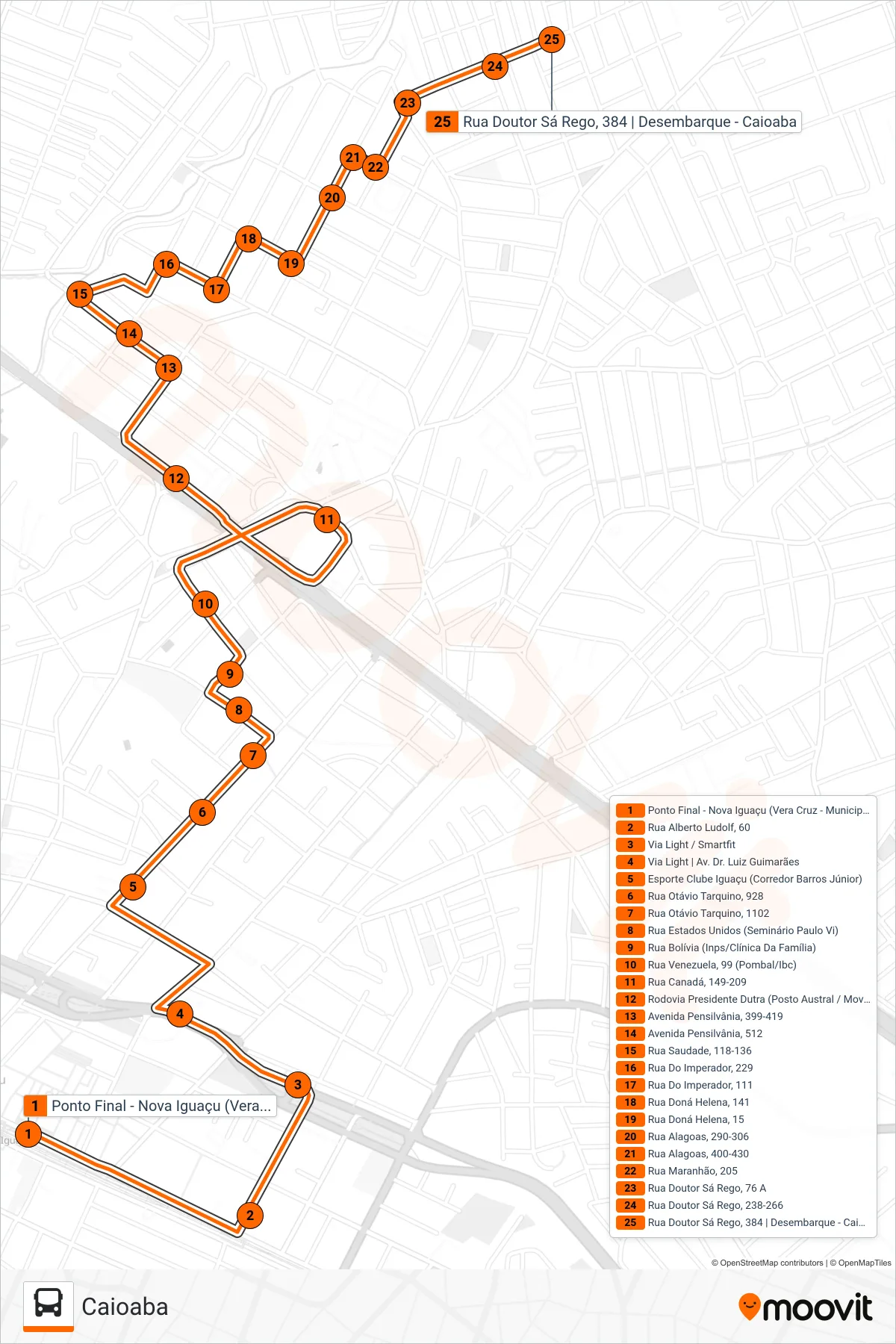 Rota e paradas da linha de ônibus 721 (Caioaba) no mapa