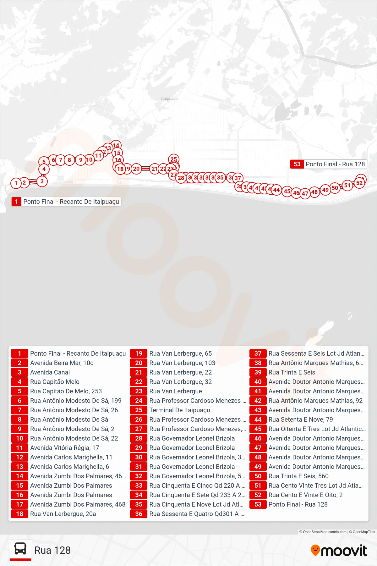 E32A bus Line (Rua 128) route and stops on a map