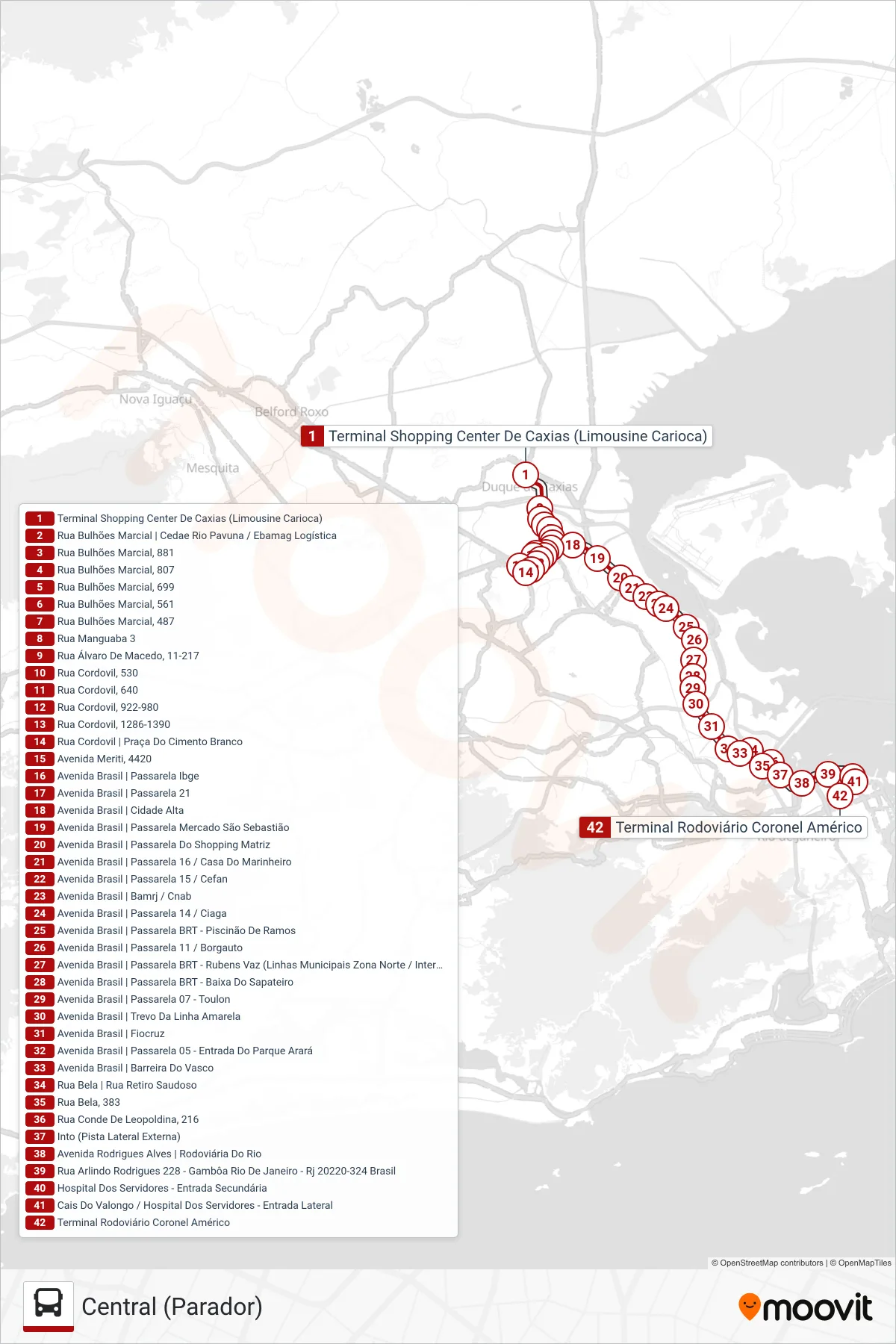 Rota e paradas da linha de ônibus 1111C (EXECUTIVO) (Central (Parador)) no mapa