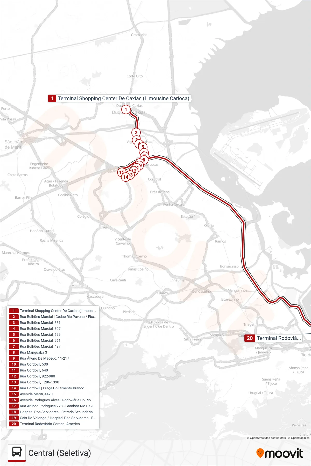 Rota e paradas da linha de ônibus 1111C (EXECUTIVO) (Central (Seletiva)) no mapa