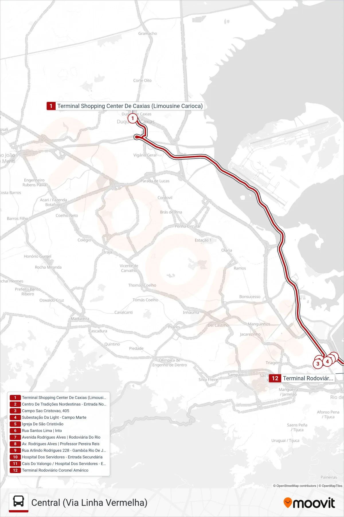 Rota e paradas da linha de ônibus 1111C (EXECUTIVO) (Central (Via Linha Vermelha)) no mapa