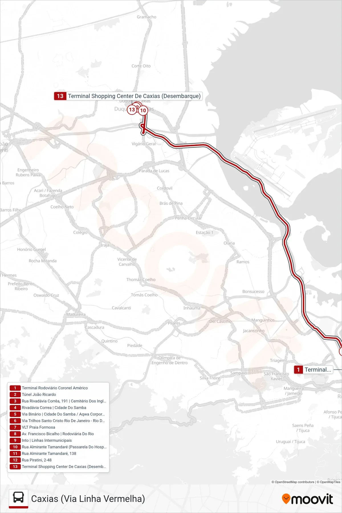 Rota e paradas da linha de ônibus 1111C (EXECUTIVO) (Caxias (Via Linha Vermelha)) no mapa