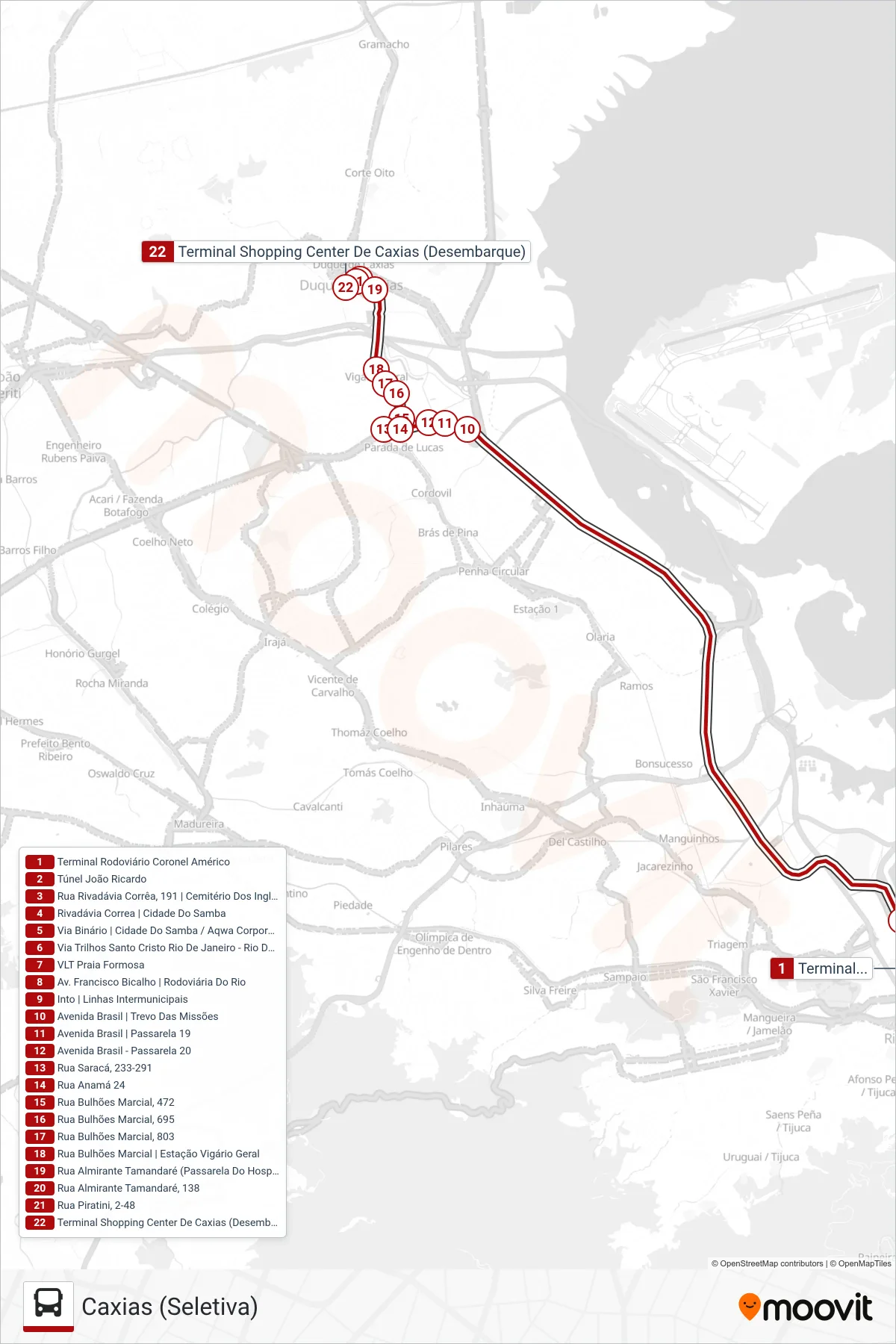 Rota e paradas da linha de ônibus 1111C (EXECUTIVO) (Caxias (Seletiva)) no mapa