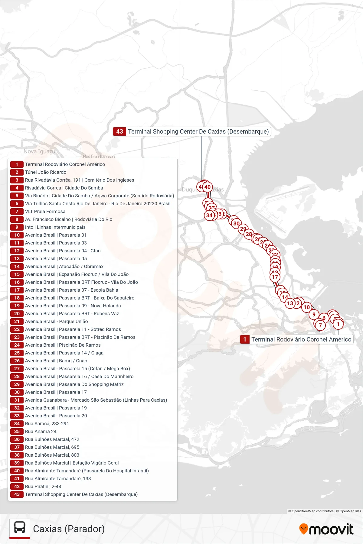 Rota e paradas da linha de ônibus 1111C (EXECUTIVO) (Caxias (Parador)) no mapa