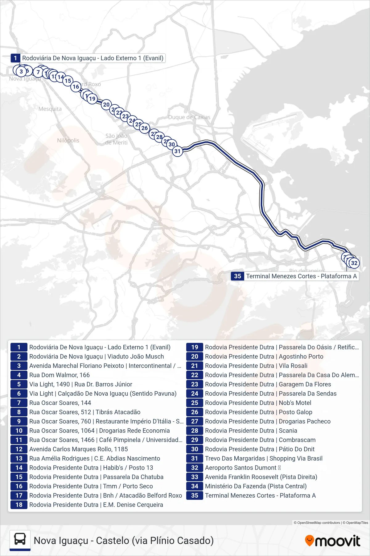 Rota e paradas da linha de ônibus 1955B (EXECUTIVO) (Castelo) no mapa