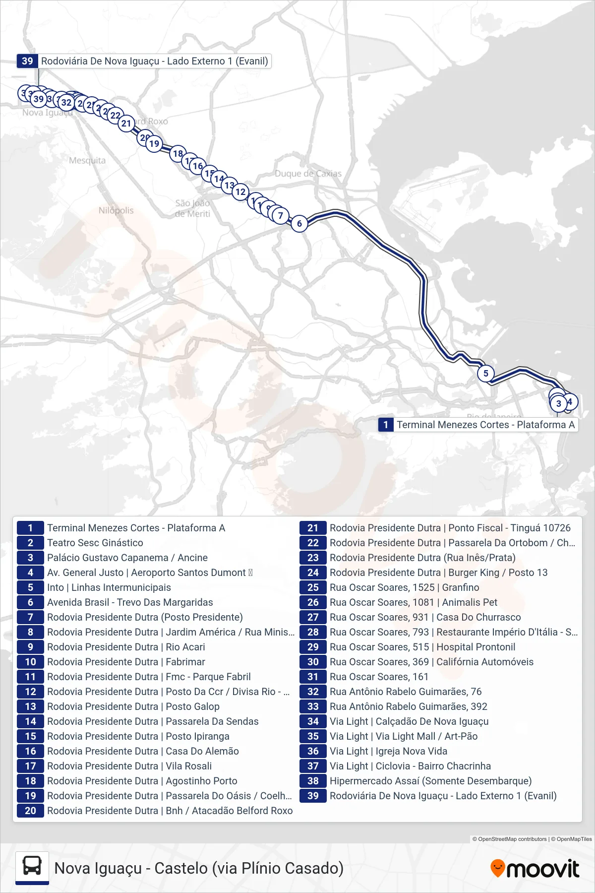 Rota e paradas da linha de ônibus 1955B (EXECUTIVO) (Nova Iguaçu) no mapa