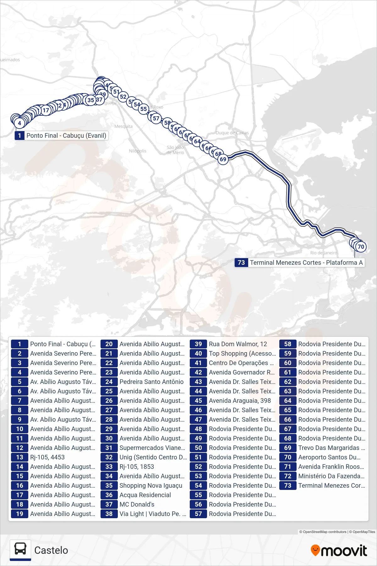 Rota e paradas da linha de ônibus 1956B (EXECUTIVO) (Castelo) no mapa