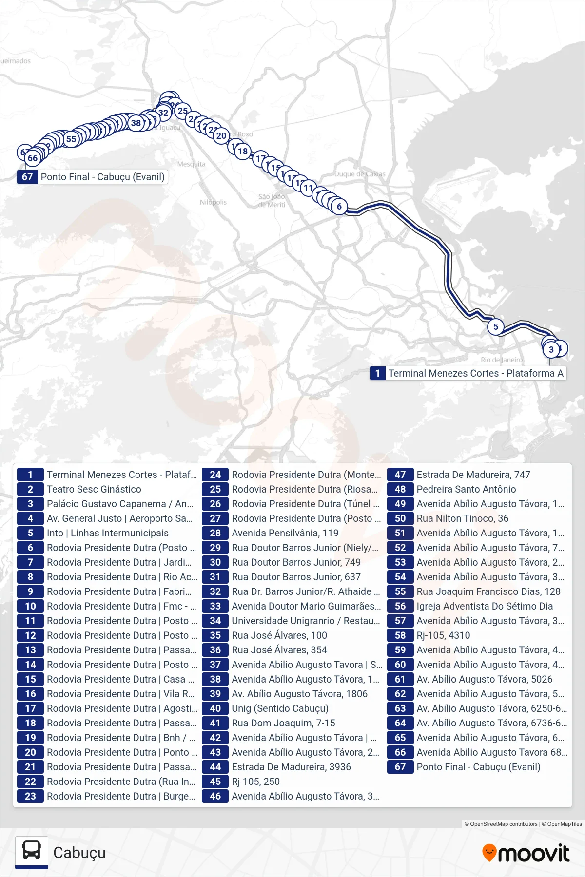 Rota e paradas da linha de ônibus 1956B (EXECUTIVO) (Cabuçu) no mapa