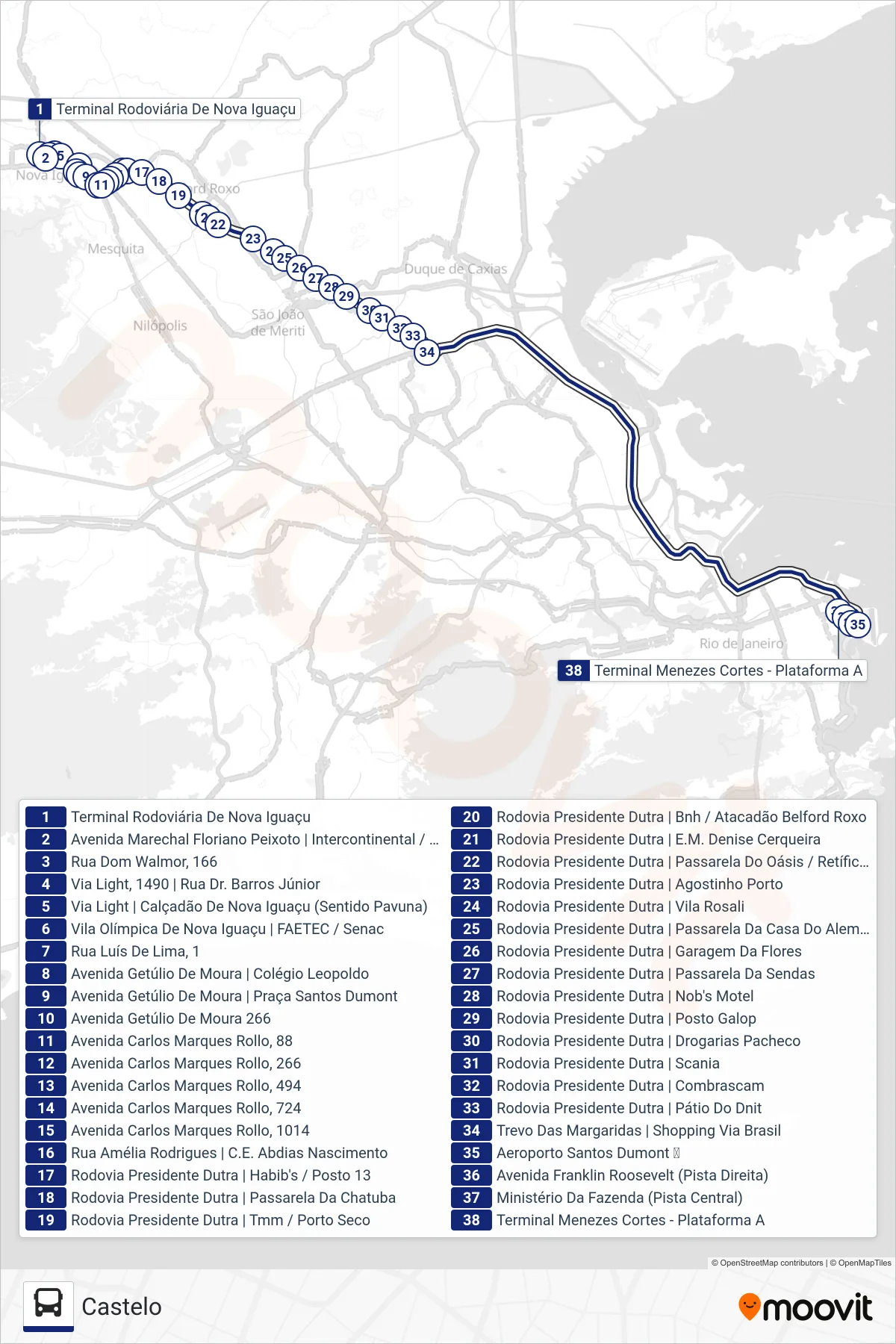 Rota e paradas da linha de ônibus 1960B (EXECUTIVO) (Castelo) no mapa