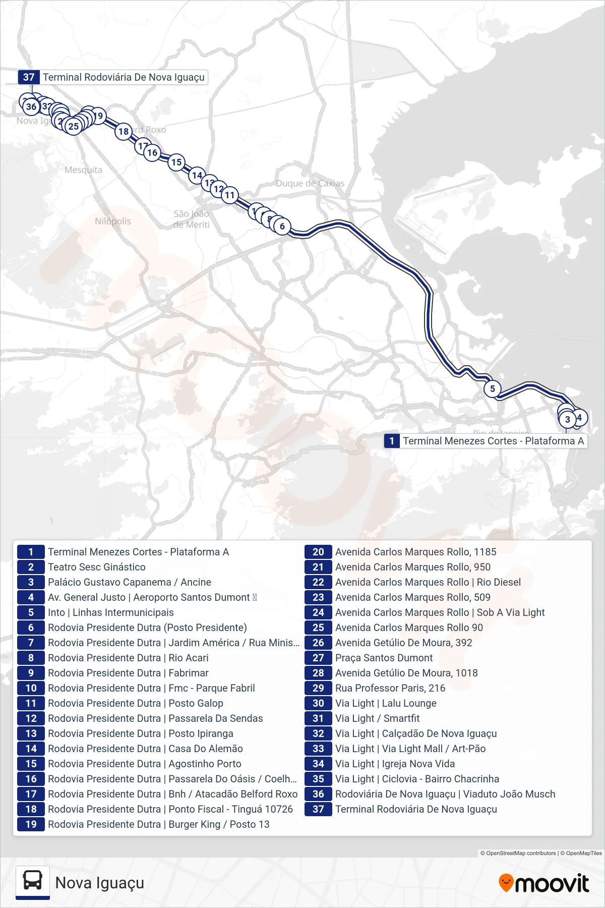 Rota e paradas da linha de ônibus 1960B (EXECUTIVO) (Nova Iguaçu) no mapa
