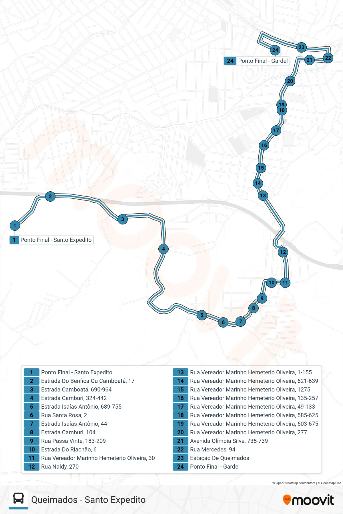 Rota e paradas da linha de ônibus 05 (Queimados) no mapa