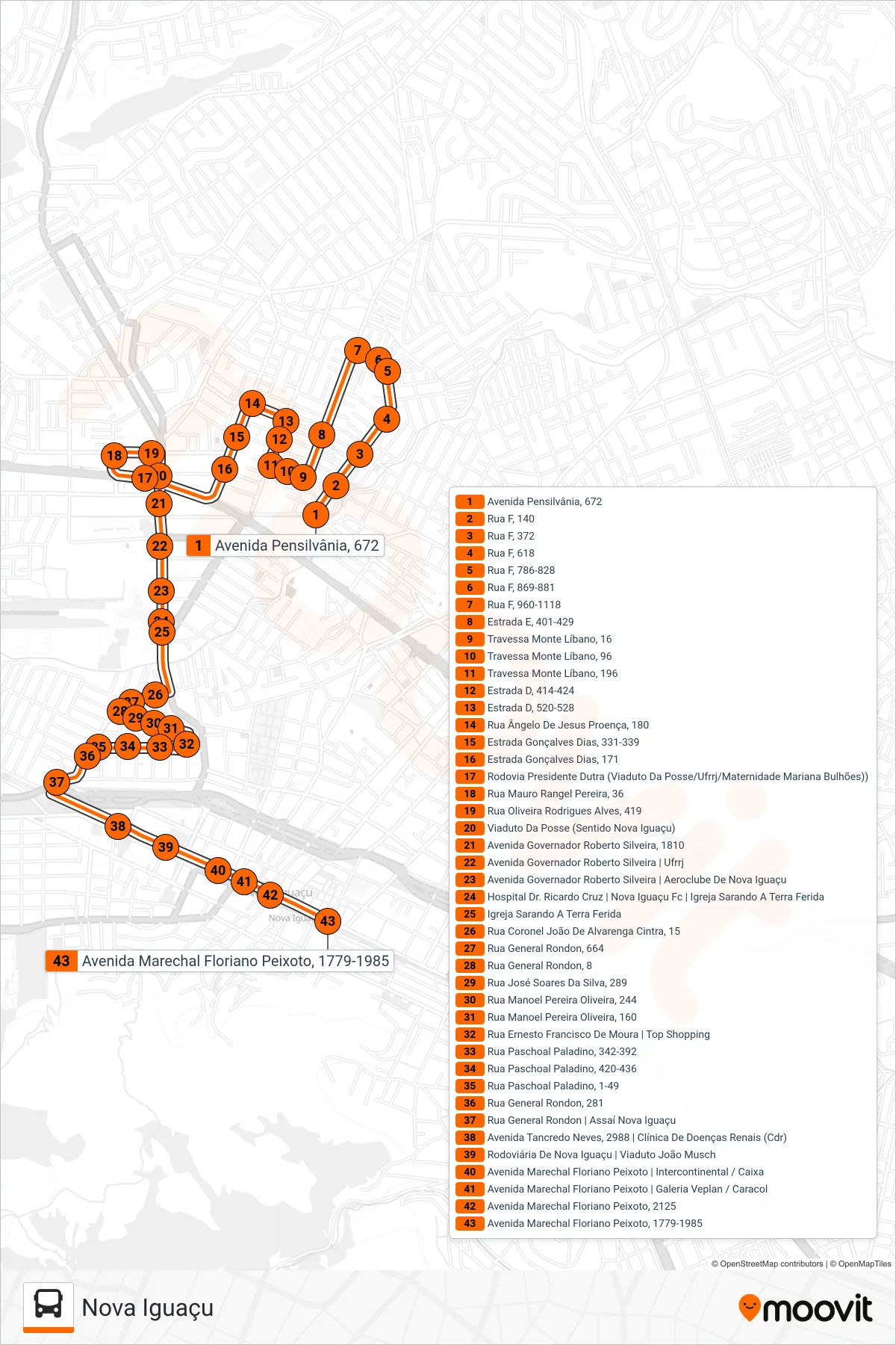 Rota e paradas da linha de ônibus 105 (Nova Iguaçu) no mapa