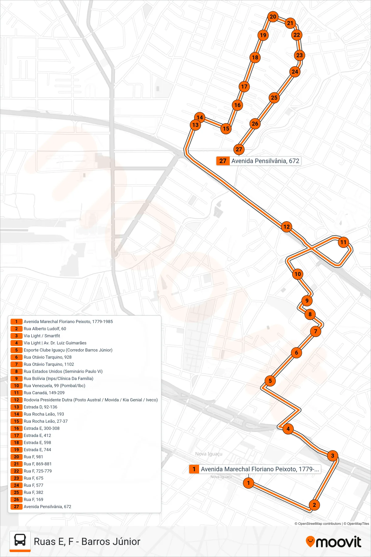 Rota e paradas da linha de ônibus 105 (Ruas E, F - Barros Júnior) no mapa