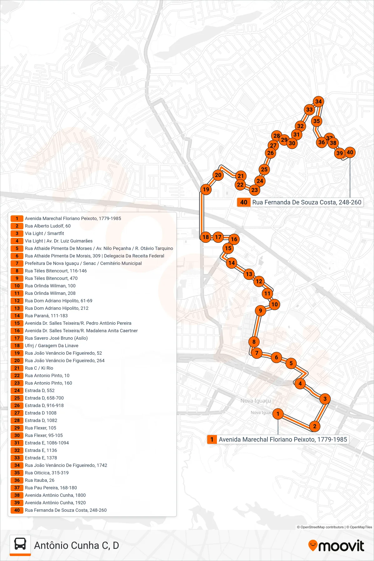 Rota e paradas da linha de ônibus  108  (Antônio Cunha C, D) no mapa