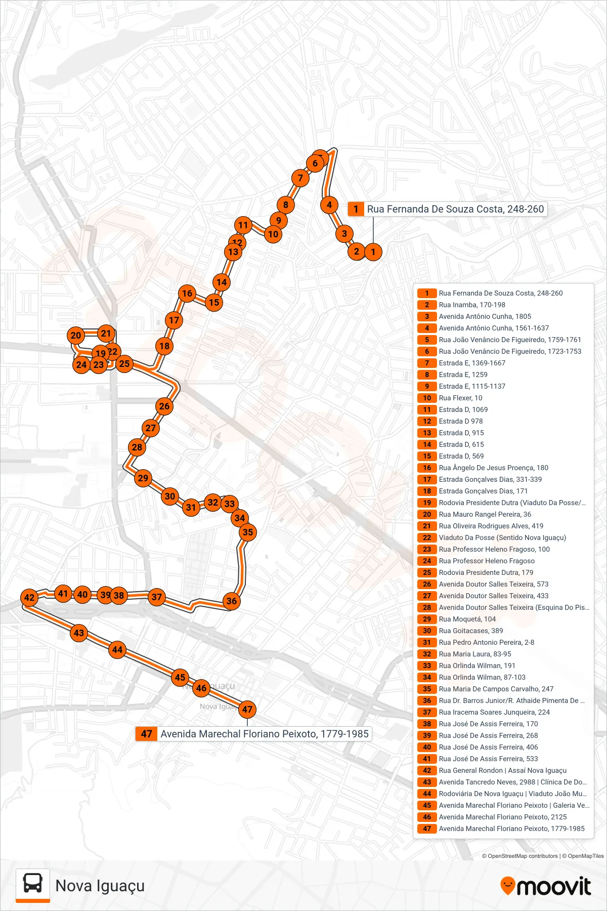 Rota e paradas da linha de ônibus 108 (Nova Iguaçu) no mapa