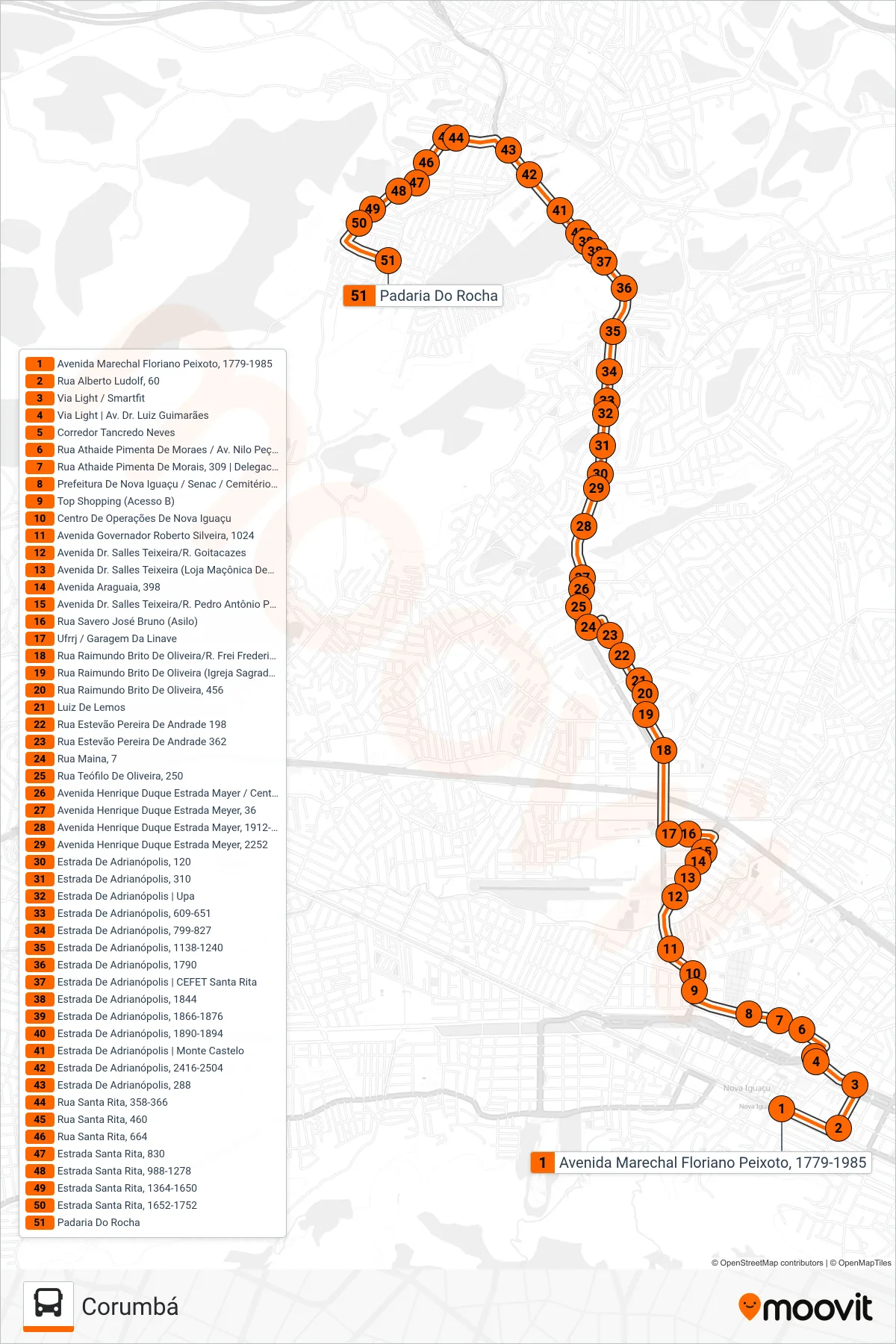 Rota e paradas da linha de ônibus 119 (Corumbá) no mapa