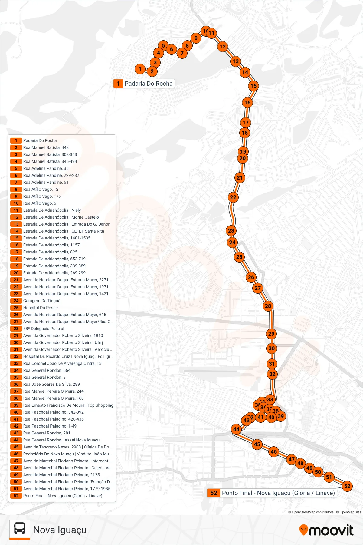 Rota e paradas da linha de ônibus 119 (Nova Iguaçu) no mapa