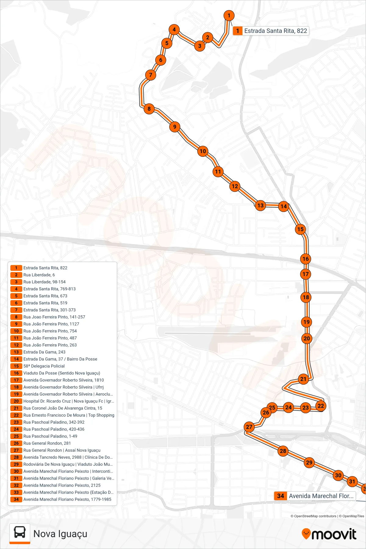 Rota e paradas da linha de ônibus 134 (Nova Iguaçu) no mapa
