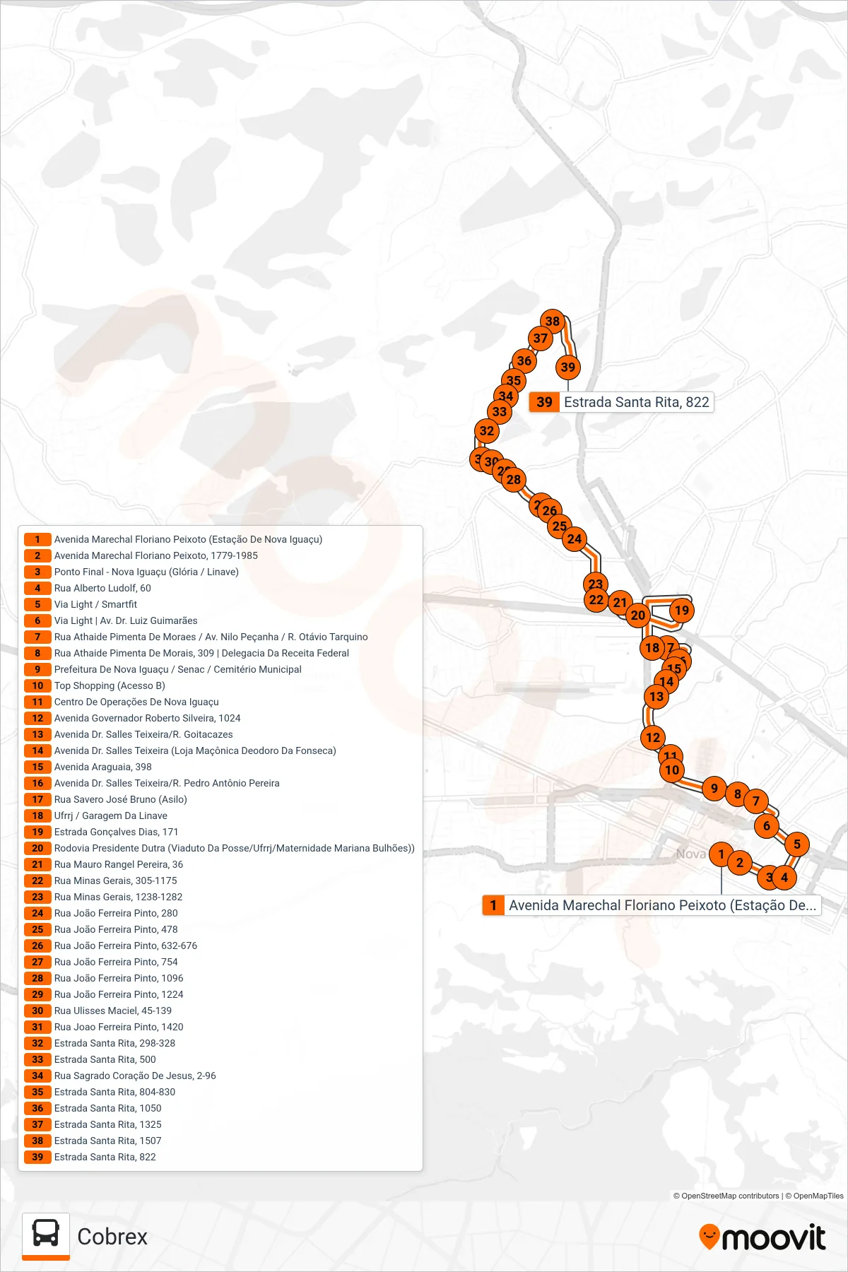 Rota e paradas da linha de ônibus 134 (Cobrex) no mapa