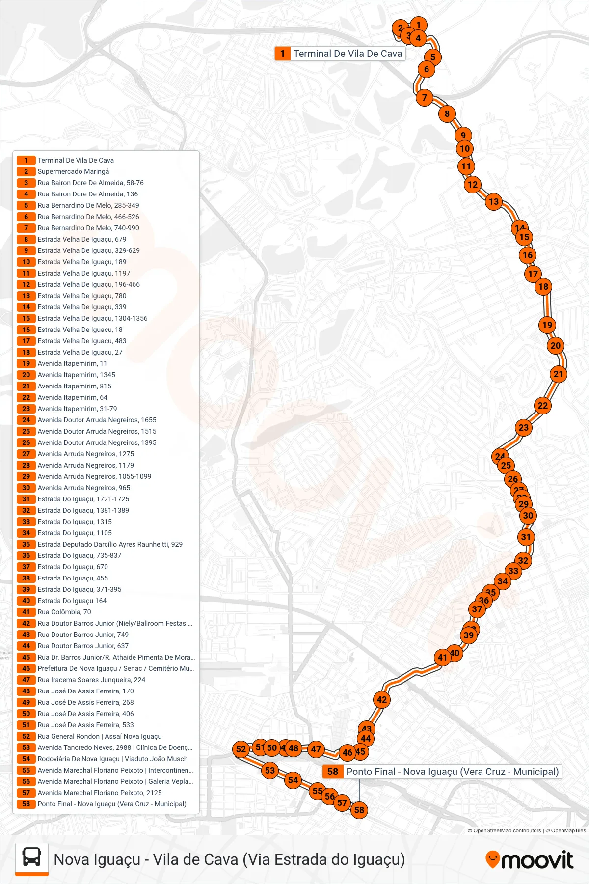 Rota e paradas da linha de ônibus  625  (Nova Iguaçu) no mapa