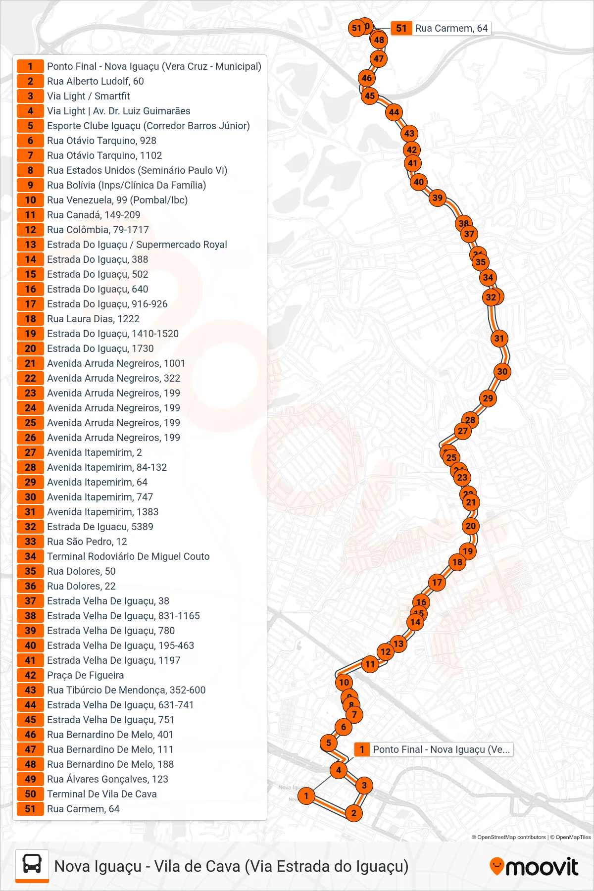 Rota e paradas da linha de ônibus 625 (Vila De Cava) no mapa