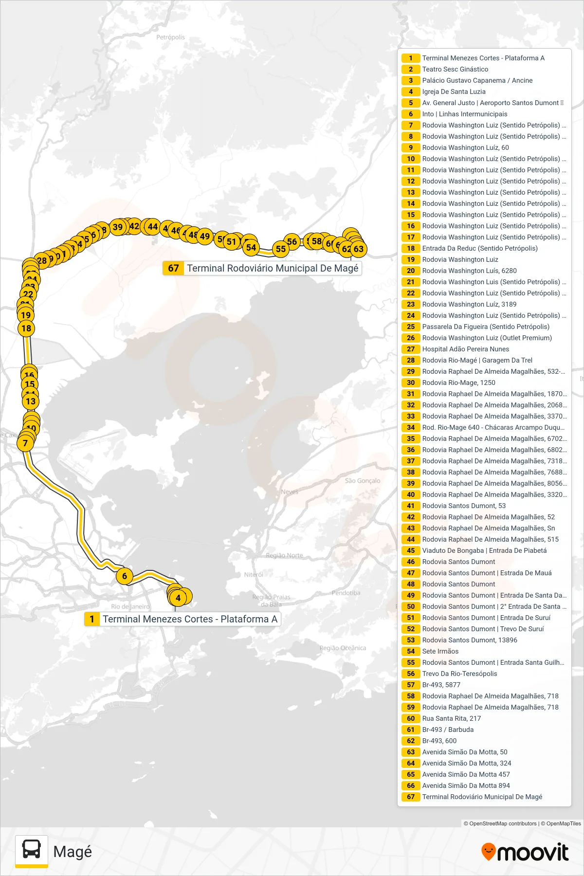 Rota e paradas da linha de ônibus 2125C (EXECUTIVO) (Magé) no mapa