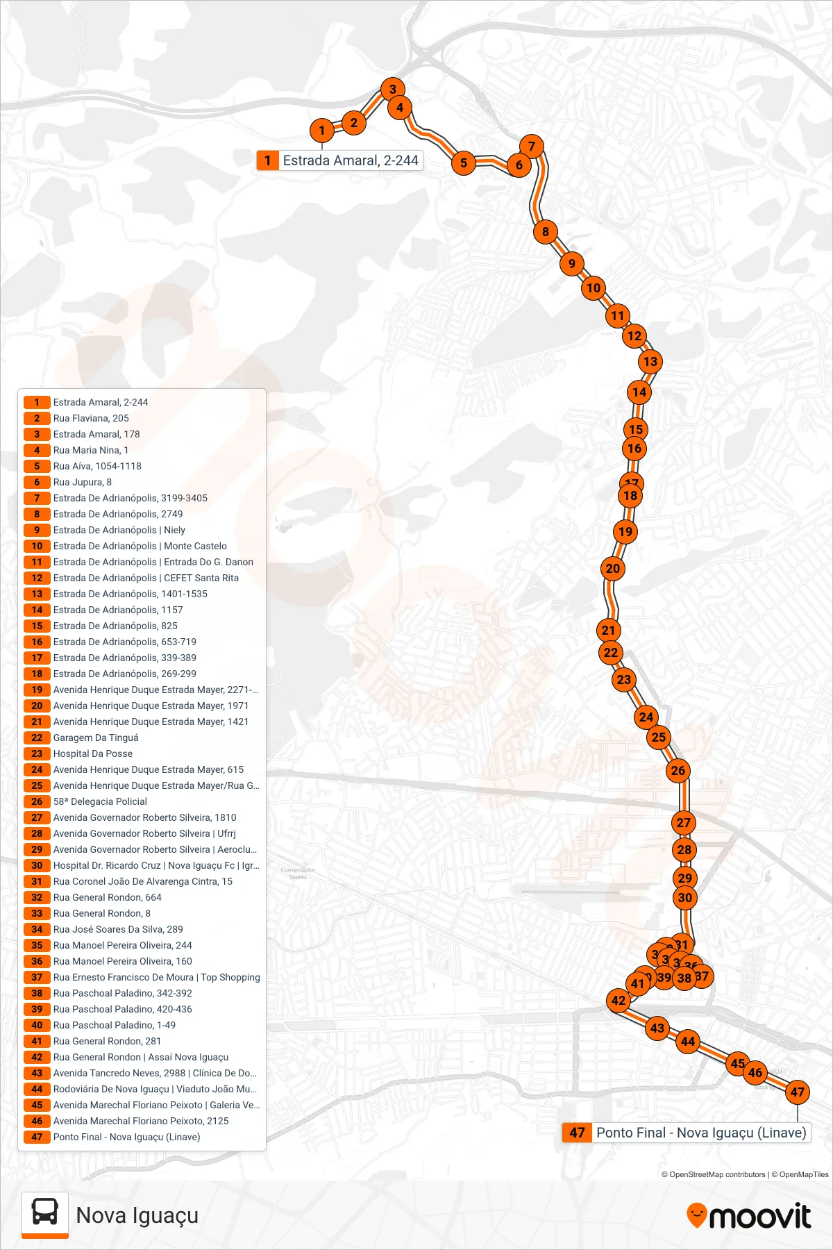 Rota e paradas da linha de ônibus 133 (Nova Iguaçu) no mapa