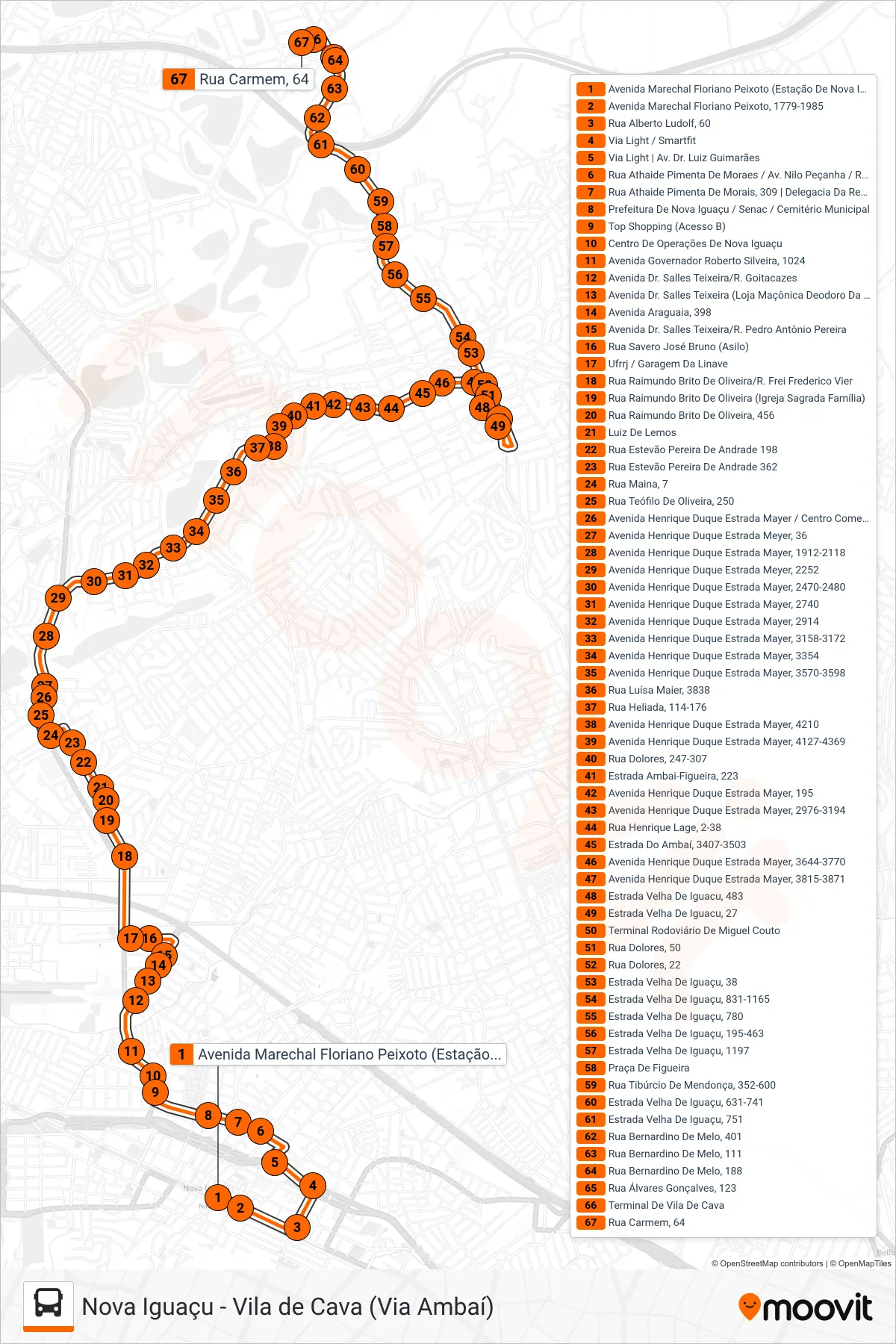 Rota e paradas da linha de ônibus 137 (Vila De Cava) no mapa