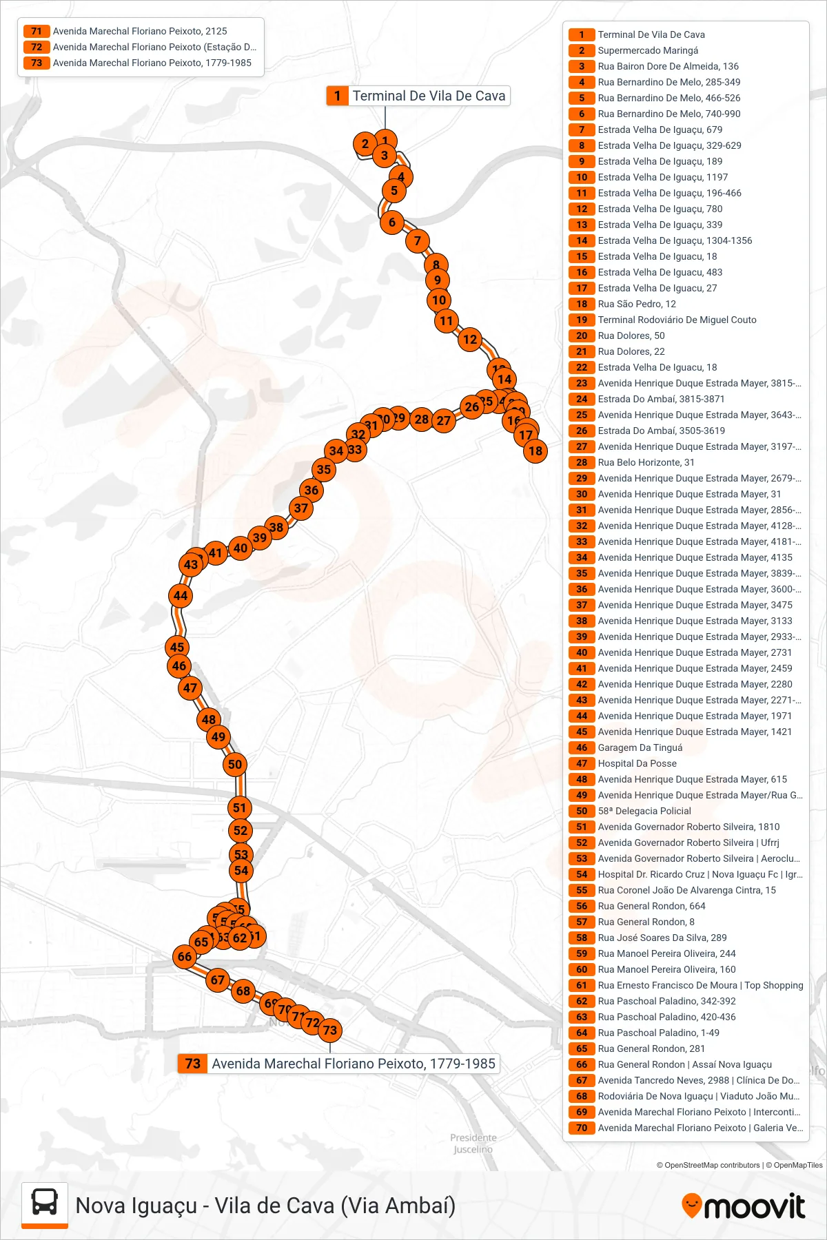 Rota e paradas da linha de ônibus 137 (Nova Iguaçu) no mapa