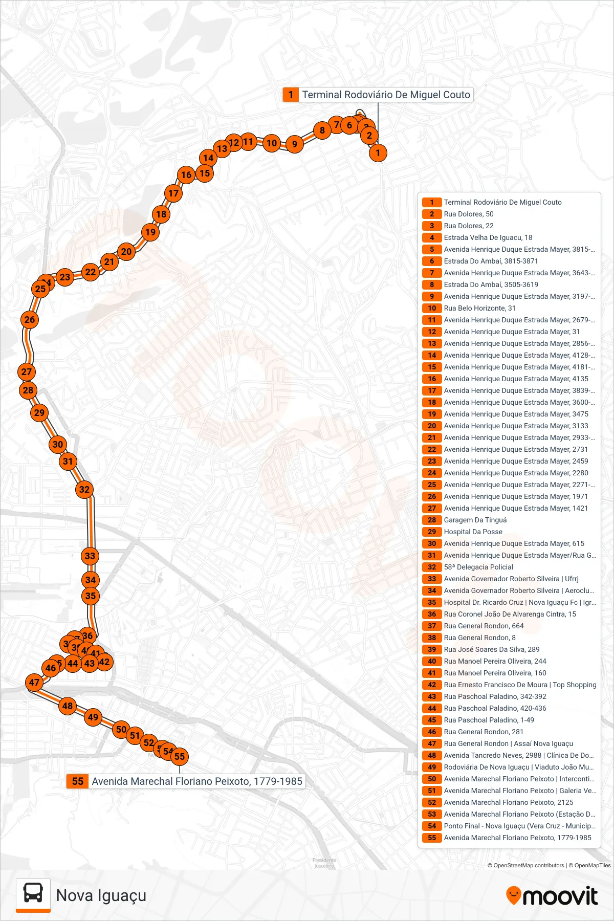 138 bus Line (Nova Iguaçu) route and stops on a map