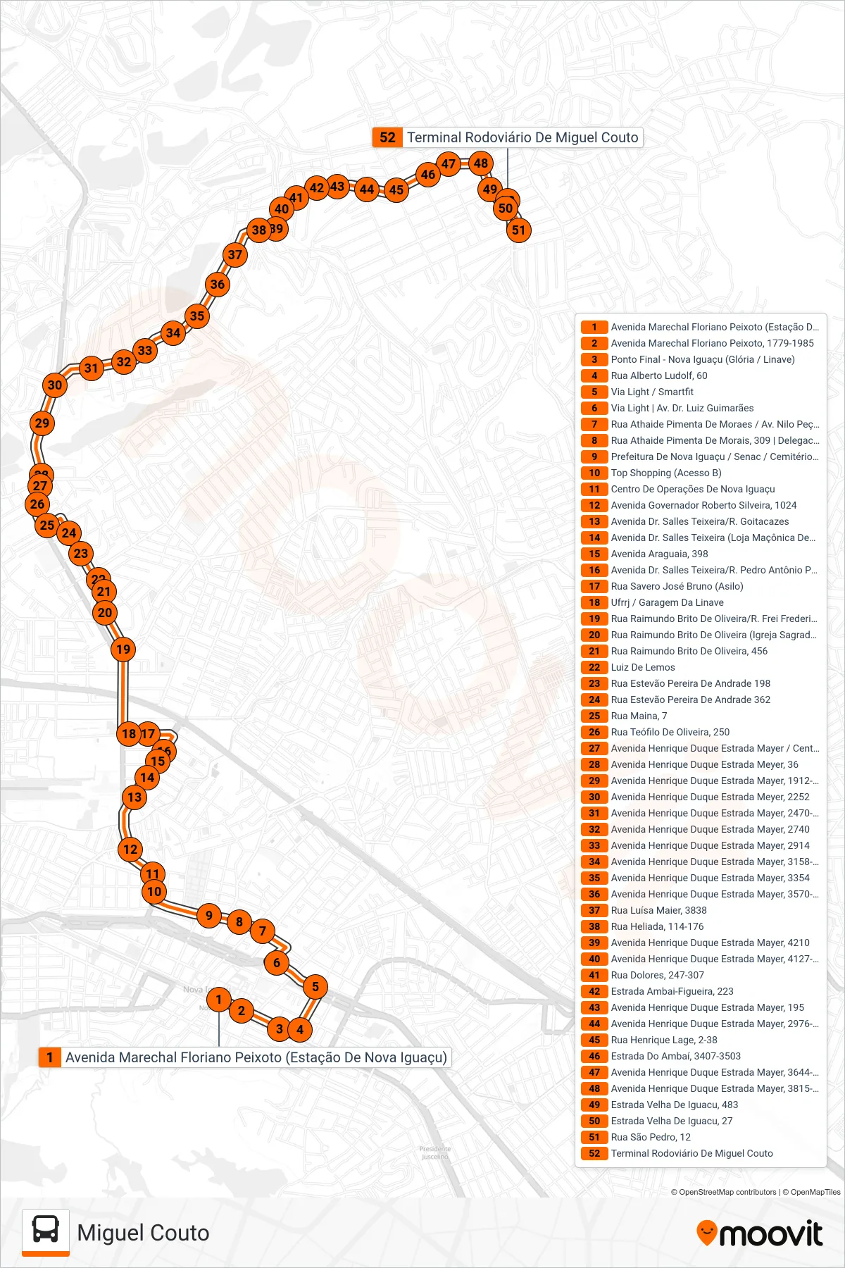 Rota e paradas da linha de ônibus 138 (Miguel Couto) no mapa