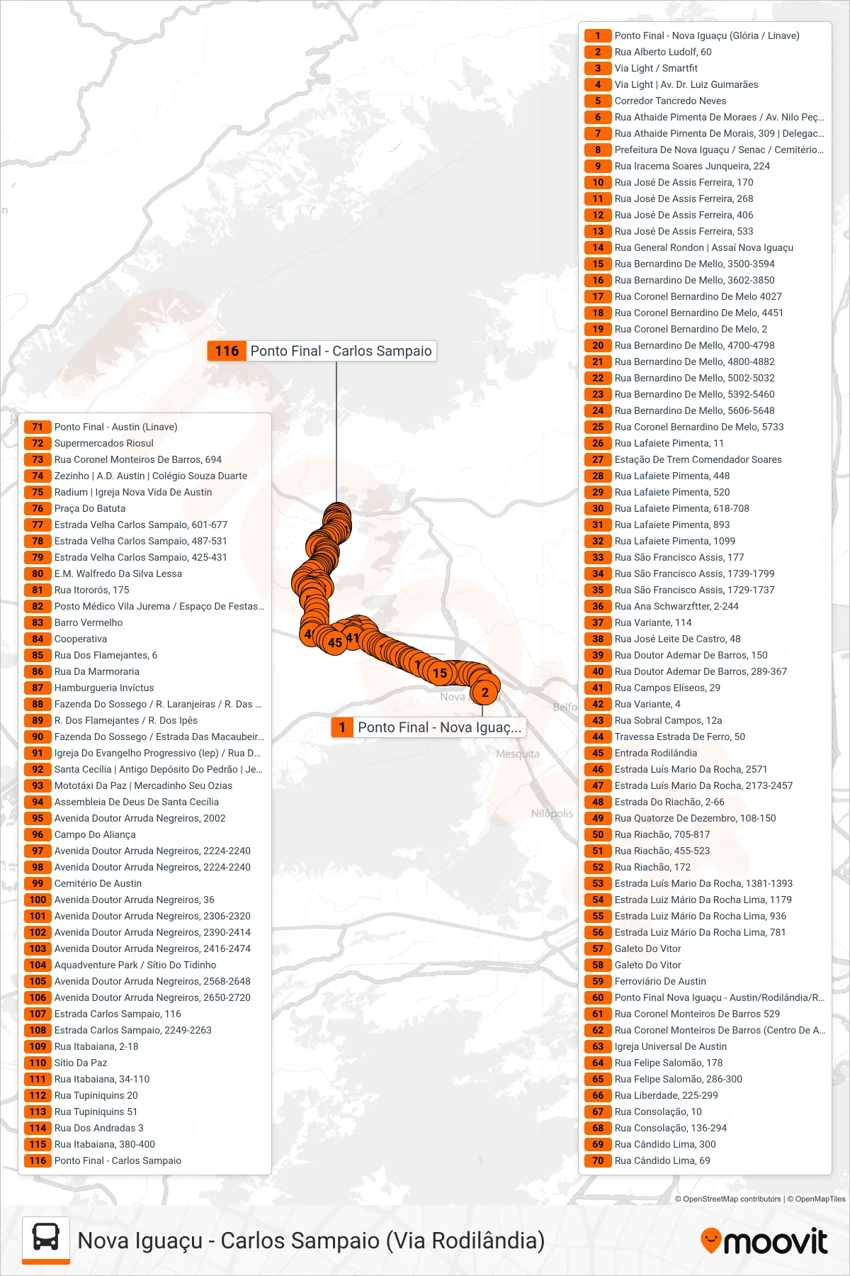 Rota e paradas da linha de ônibus 010 (Carlos Sampaio) no mapa