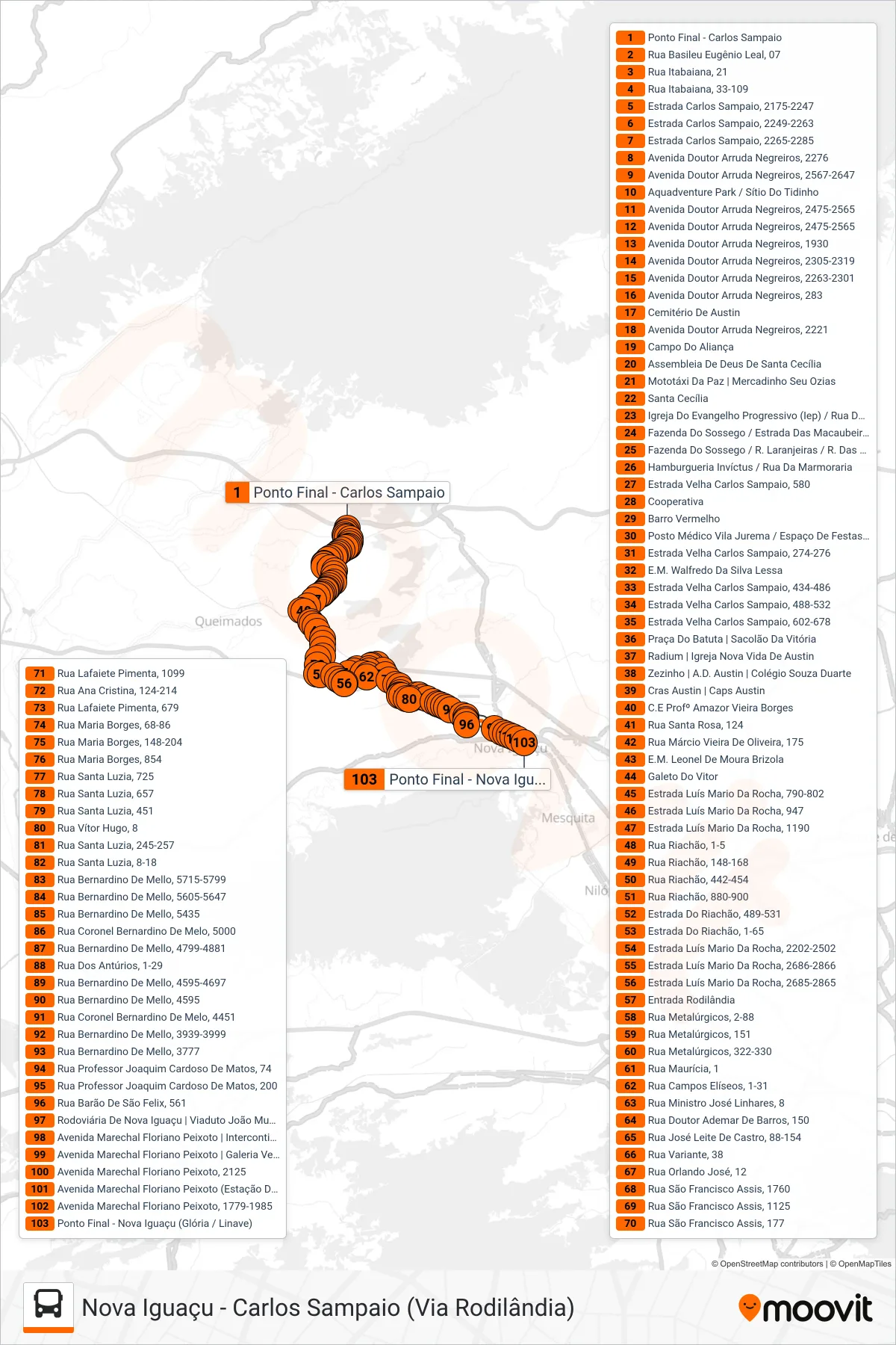 Rota e paradas da linha de ônibus 010 (Nova Iguaçu) no mapa