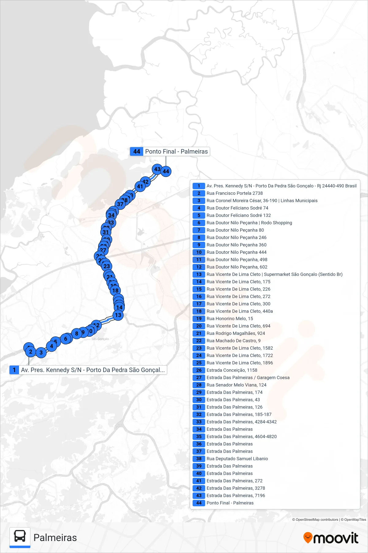 Rota e paradas da linha de ônibus 55B (Palmeiras) no mapa