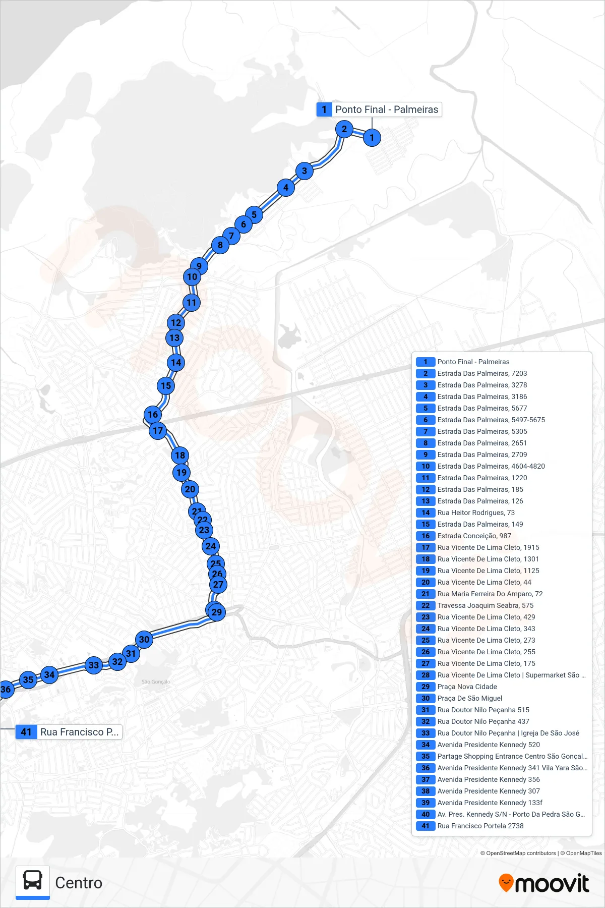 Rota e paradas da linha de ônibus 55B (Centro) no mapa