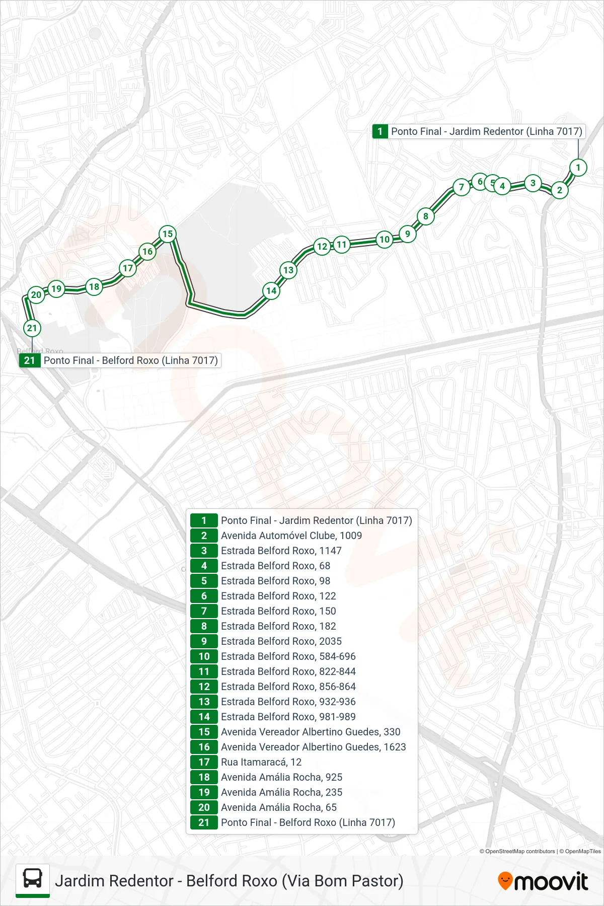 Rota e paradas da linha de ônibus 7017 (Belford Roxo) no mapa