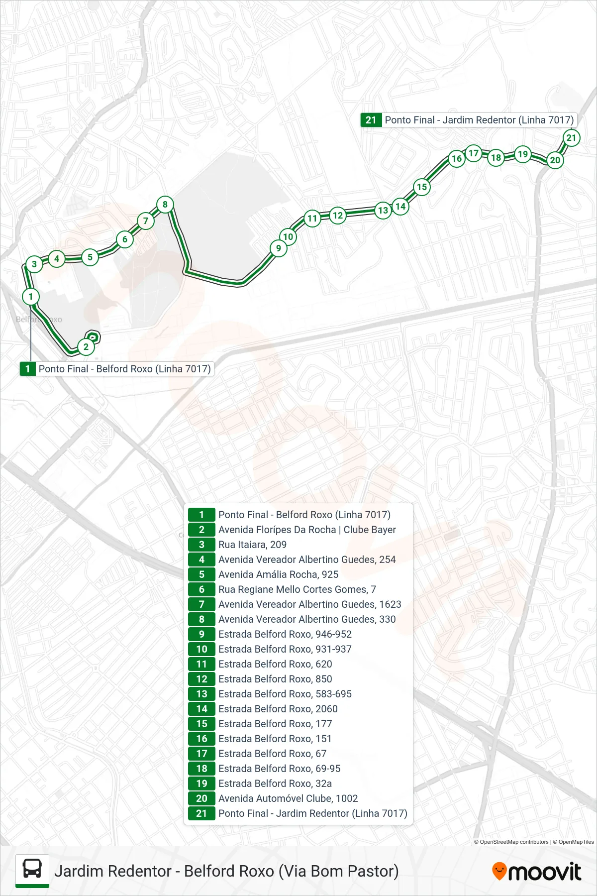 Rota e paradas da linha de ônibus 7017 (Jardim Redentor) no mapa