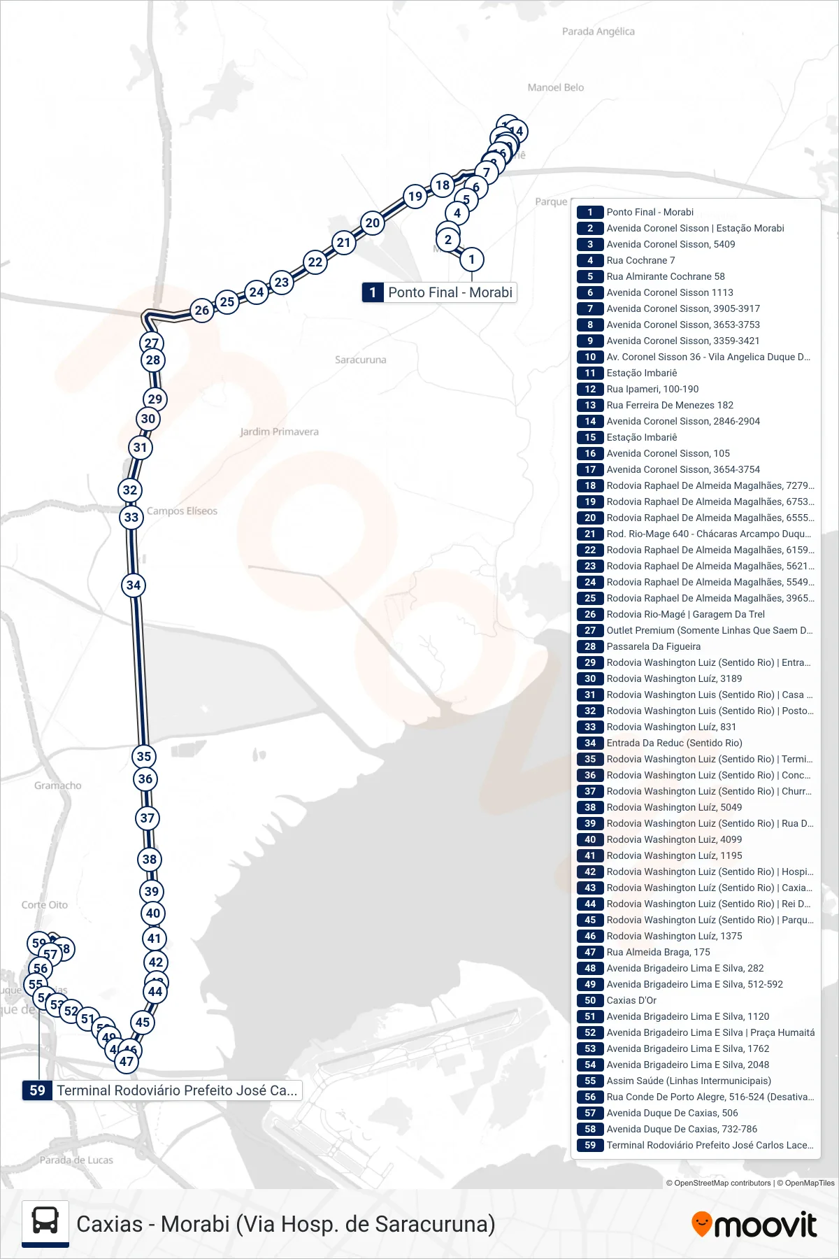 Rota e paradas da linha de ônibus 26M (Caxias) no mapa