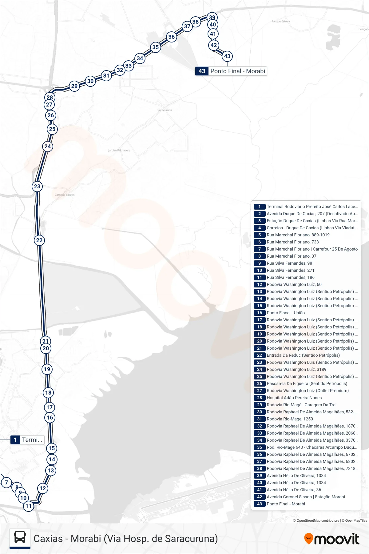 Rota e paradas da linha de ônibus 26M (Morabi) no mapa