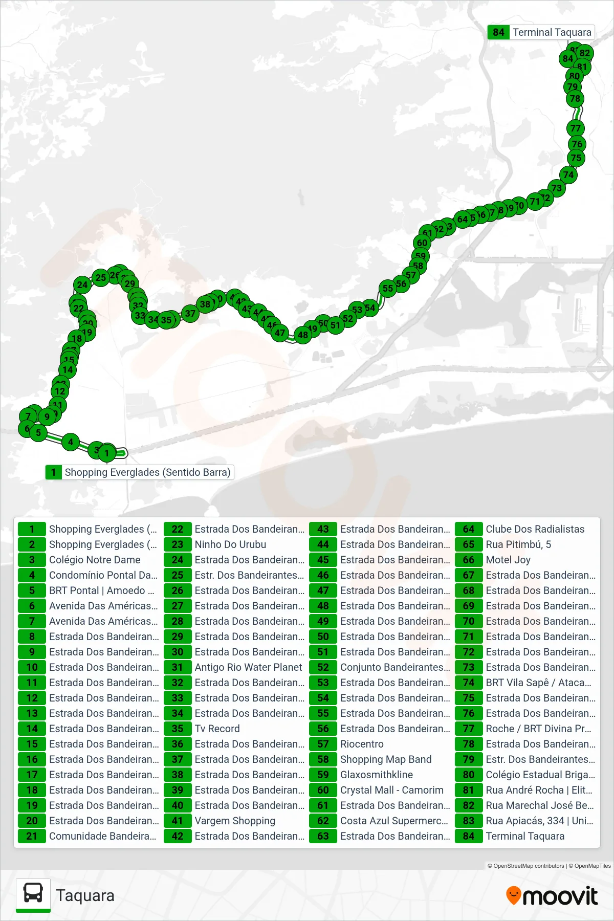 Rota e paradas da linha de ônibus 810 (Taquara) no mapa