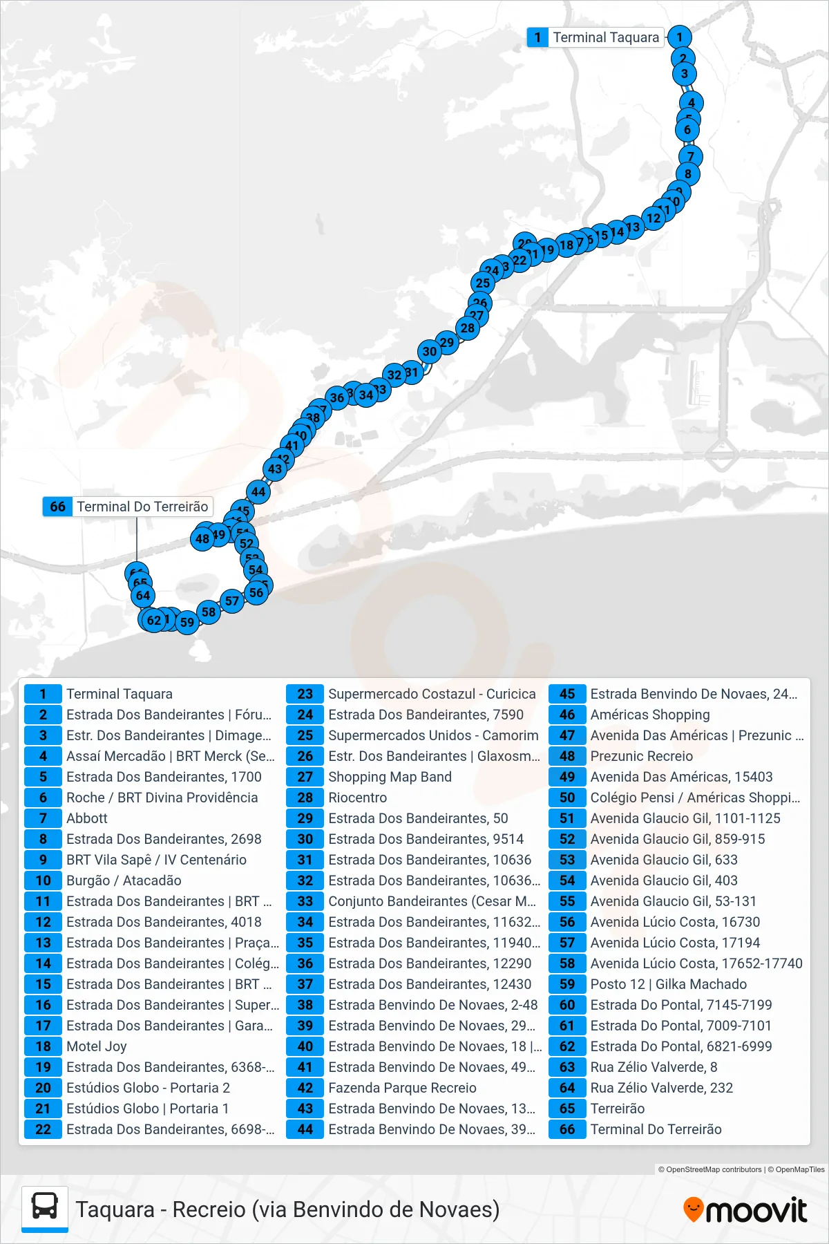 Rota e paradas da linha de ônibus  954  (Recreio) no mapa